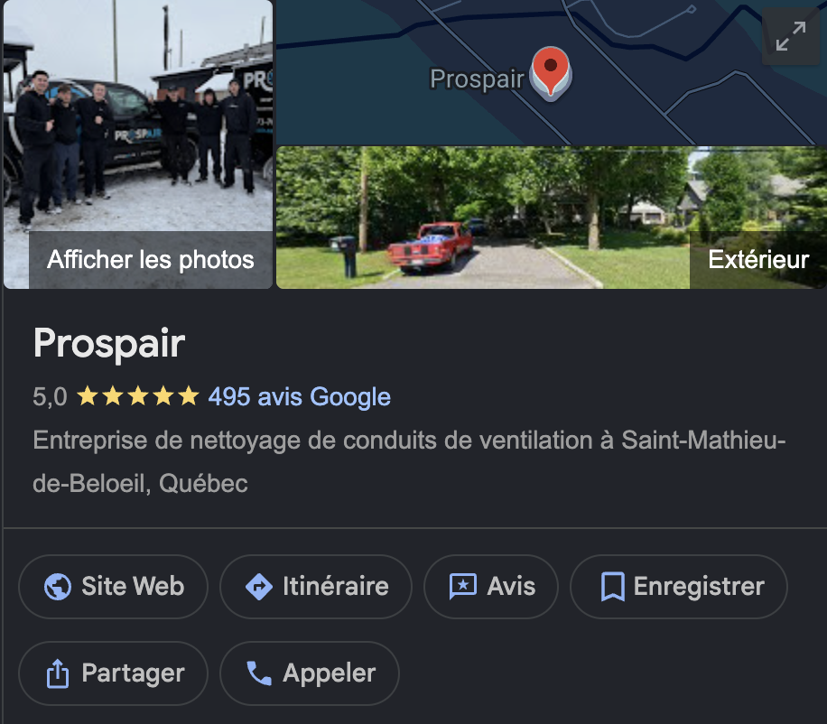 Fiche Google Prospair — 5,0 · 495 avis Google